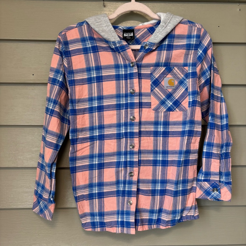 Carhartt Blue and Pink Hooded Button Down Shirt Casual Plaid
